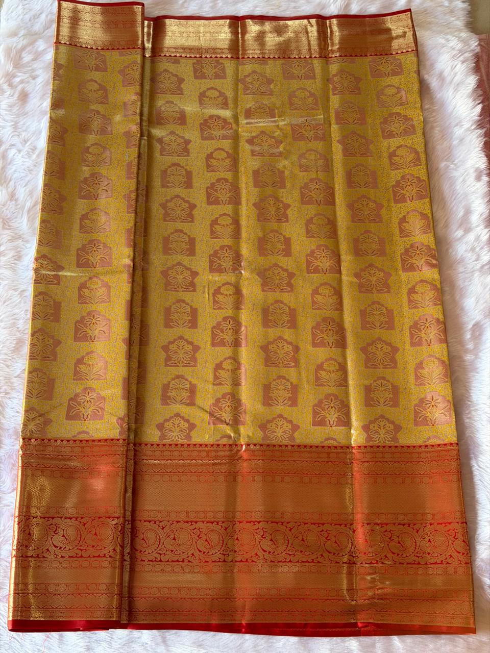 Mustard yellow Kanchipuram polyester saree body with all-over floral butta work