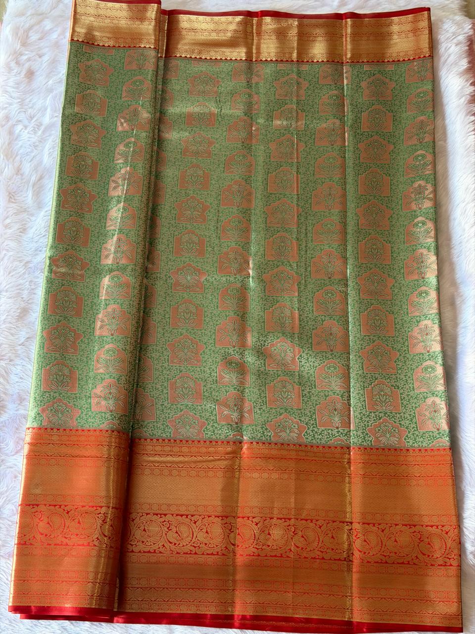 Kanjivaram Tissue Silk Saree in Gold and Red Dual-Tone