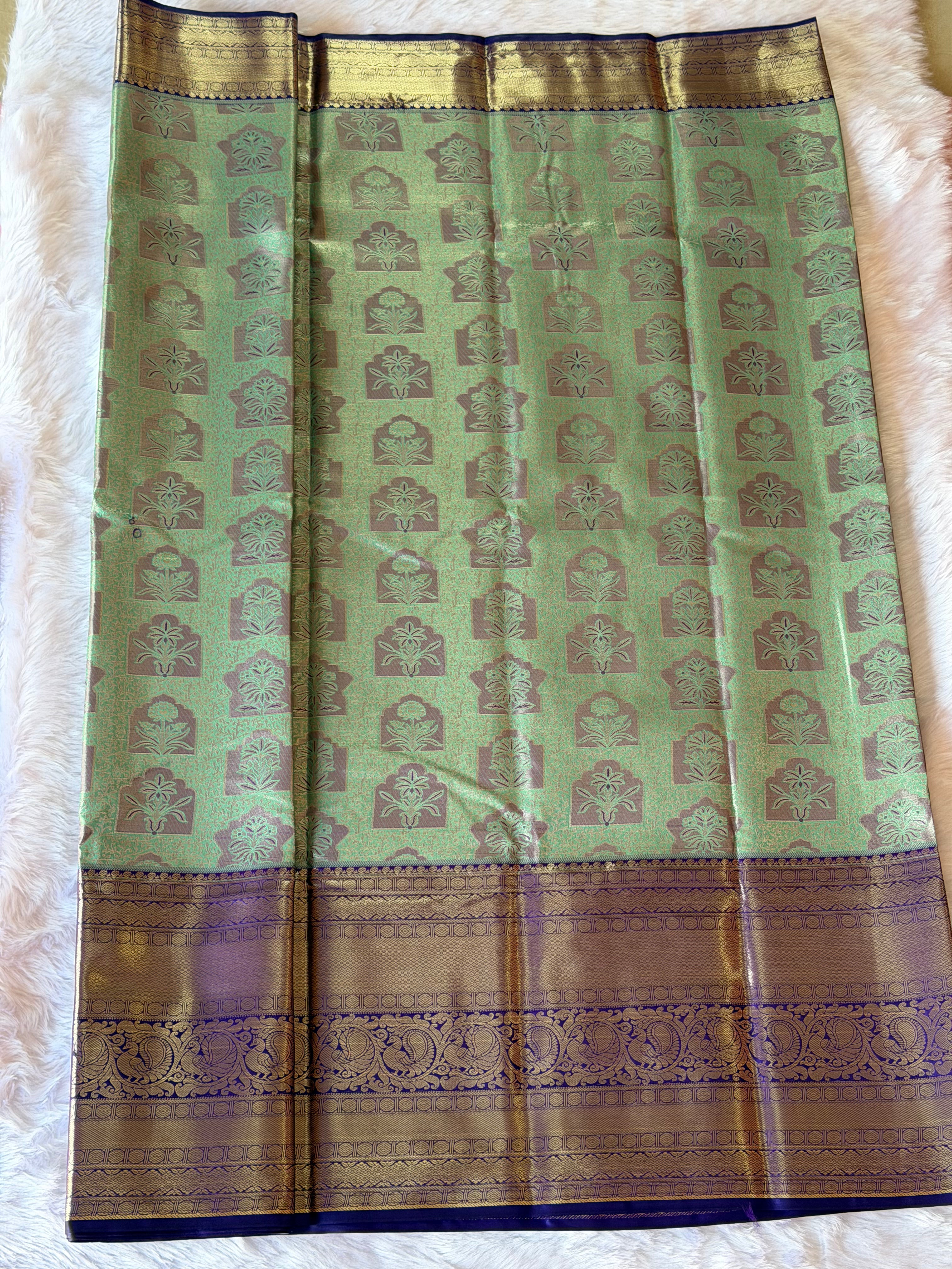 Sea green Kanchipuram polyester saree draped view - smooth polyester silk