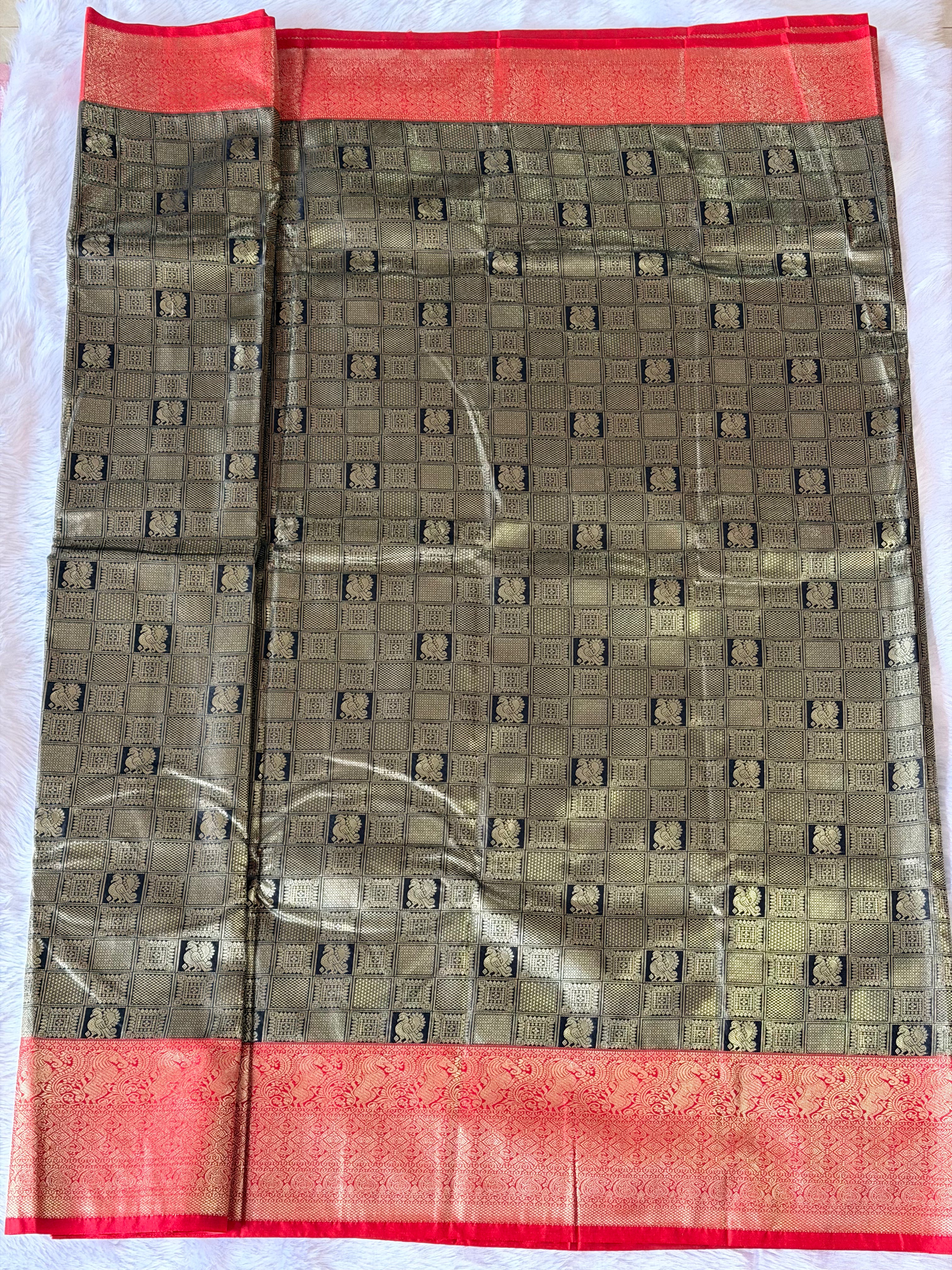 Crimson red zari contrast border on charcoal black Kanchipuram polyester saree - grand occasion