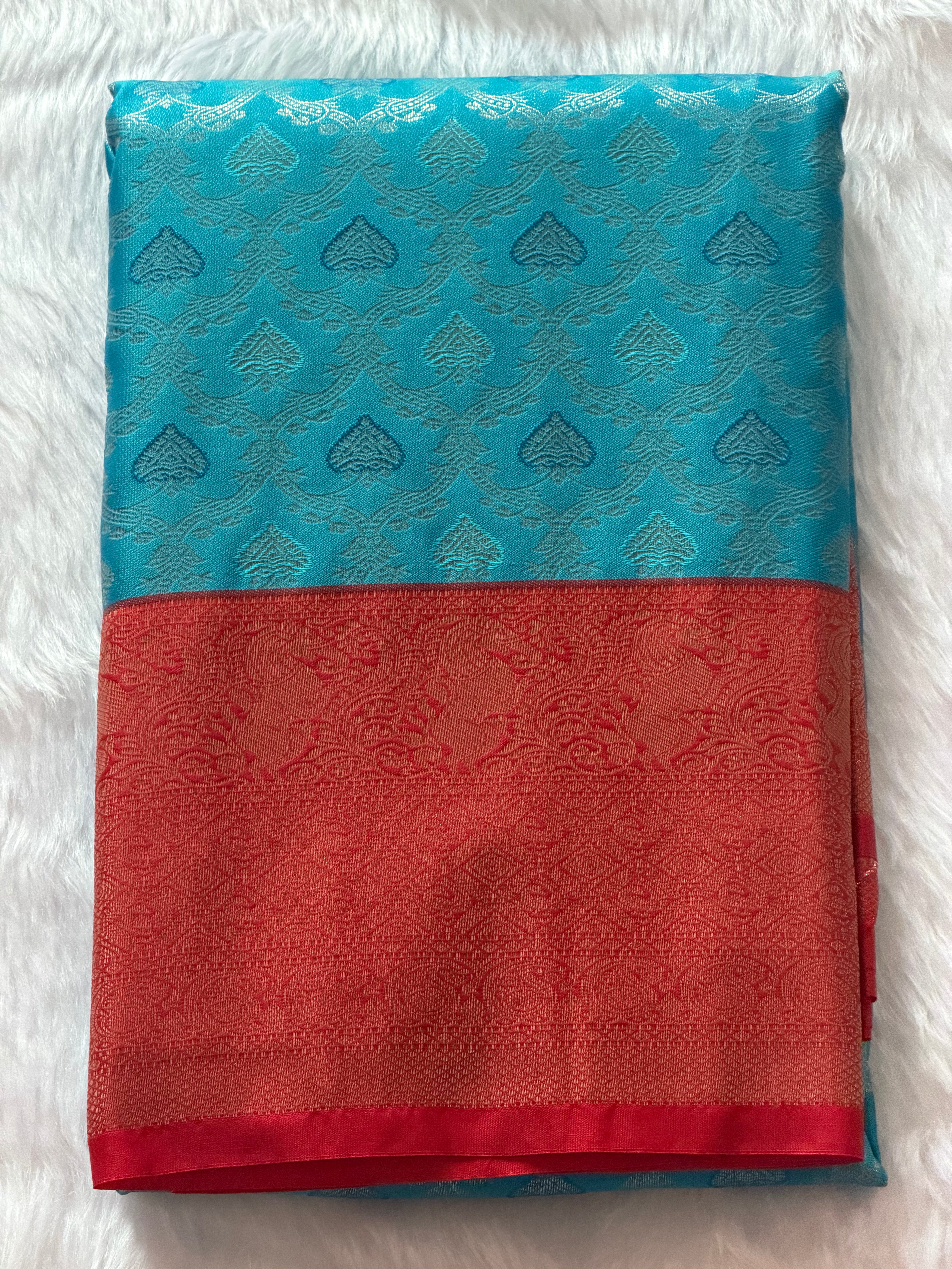 Teal blue Kanchipuram polyester saree full drape view - lightweight easy to wear all day