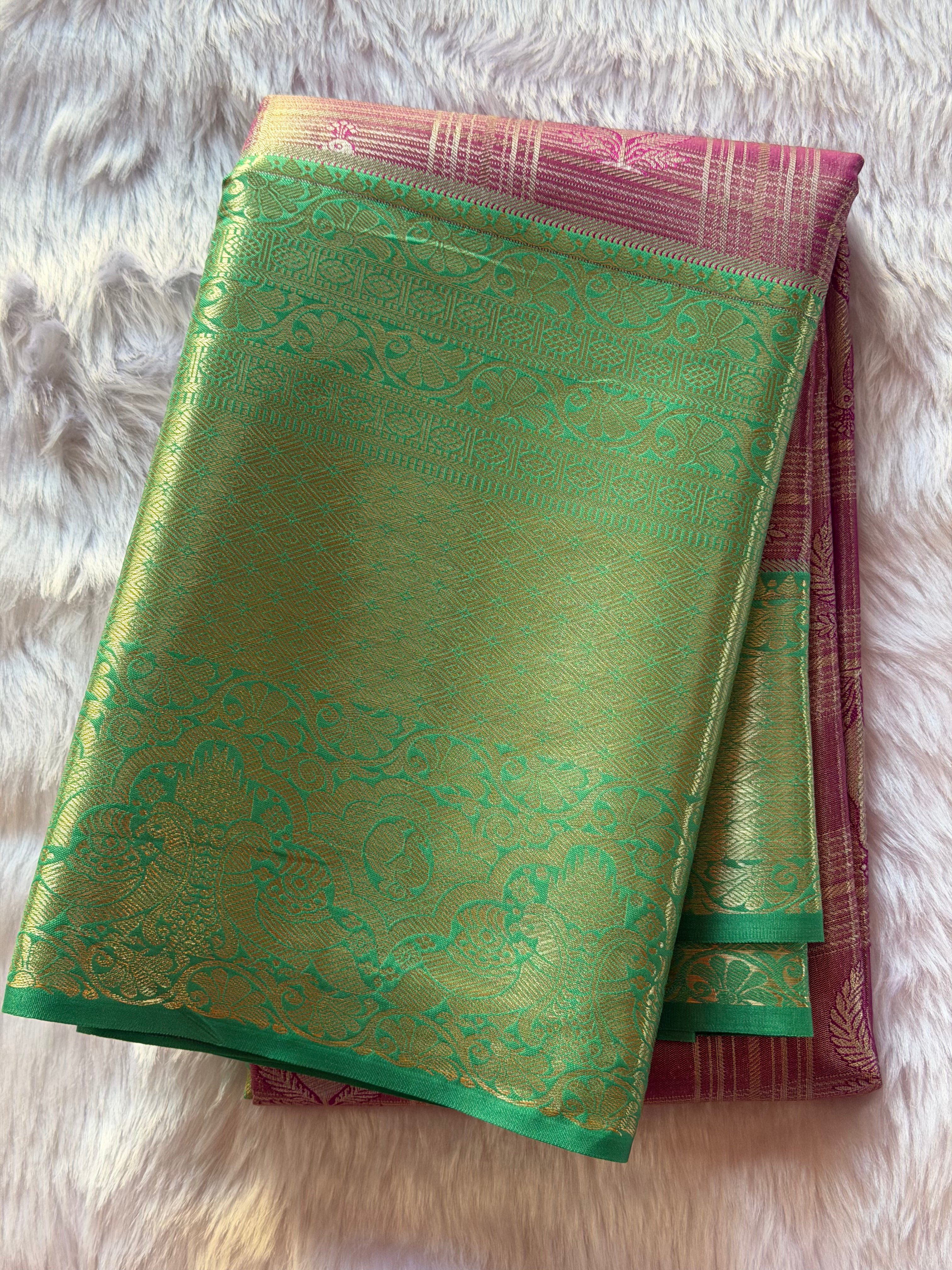 Emerald green Kanchipuram polyester silk saree with deep purple grape border and pallu - NN Silk Sarees