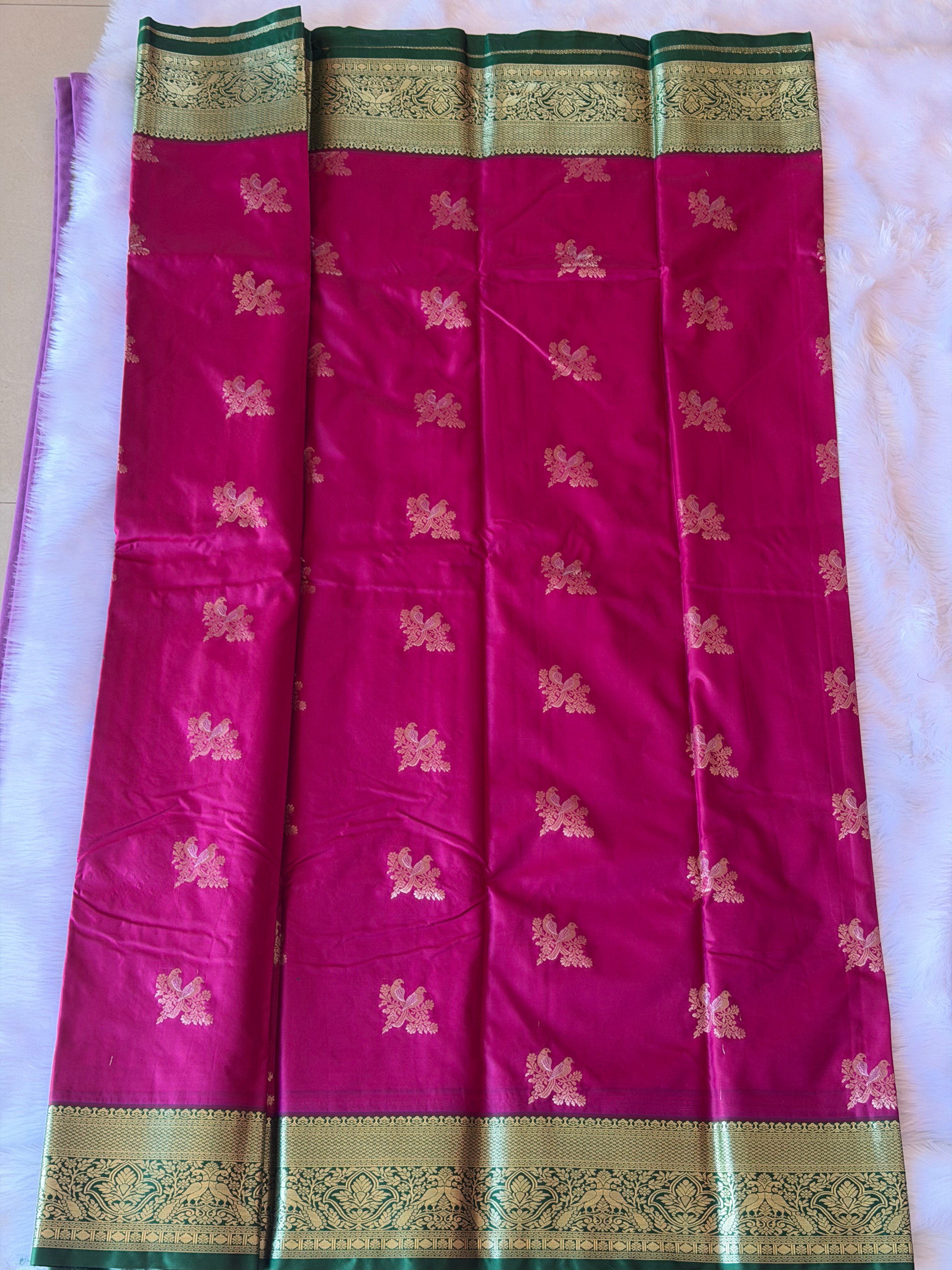 Kanchipuram polyester saree draped view - lustrous polyester silk with intricate zari pallu