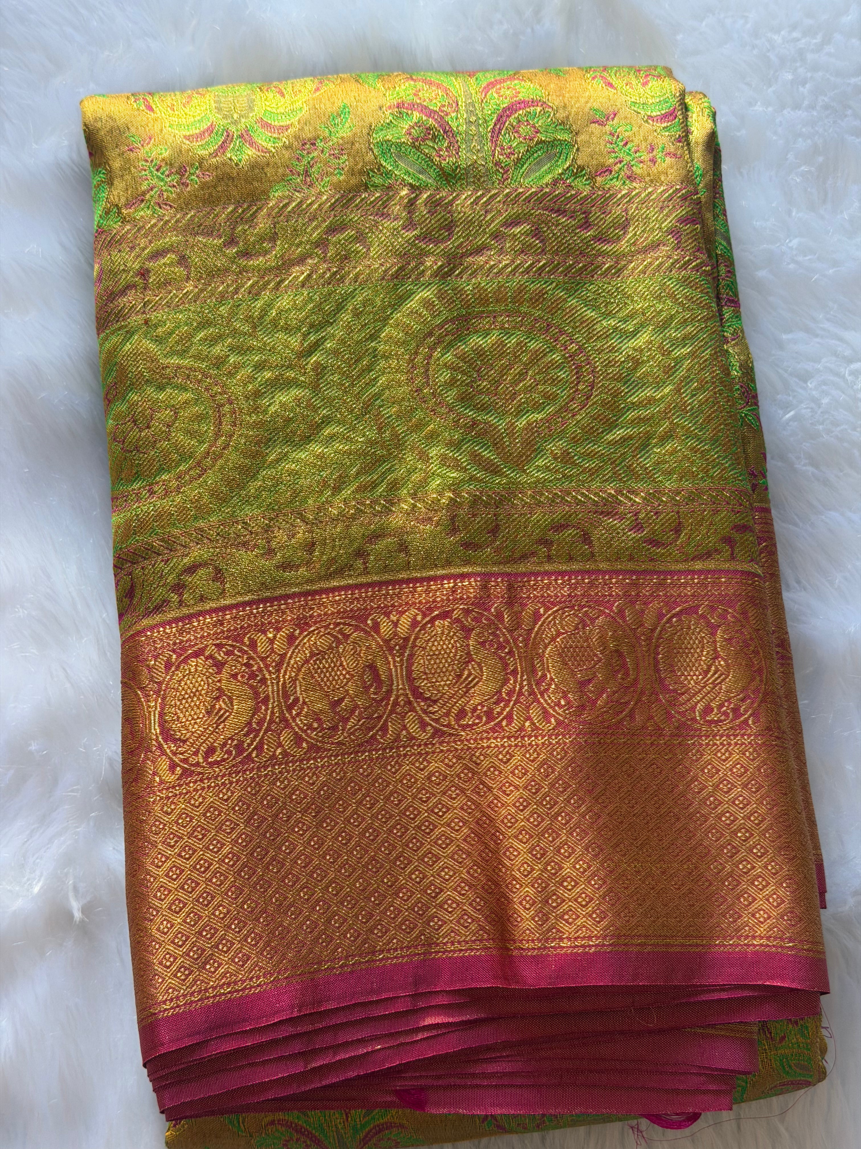 Kanchipuram pure silk saree draped view - handwoven bridal saree with authentic mulberry silk