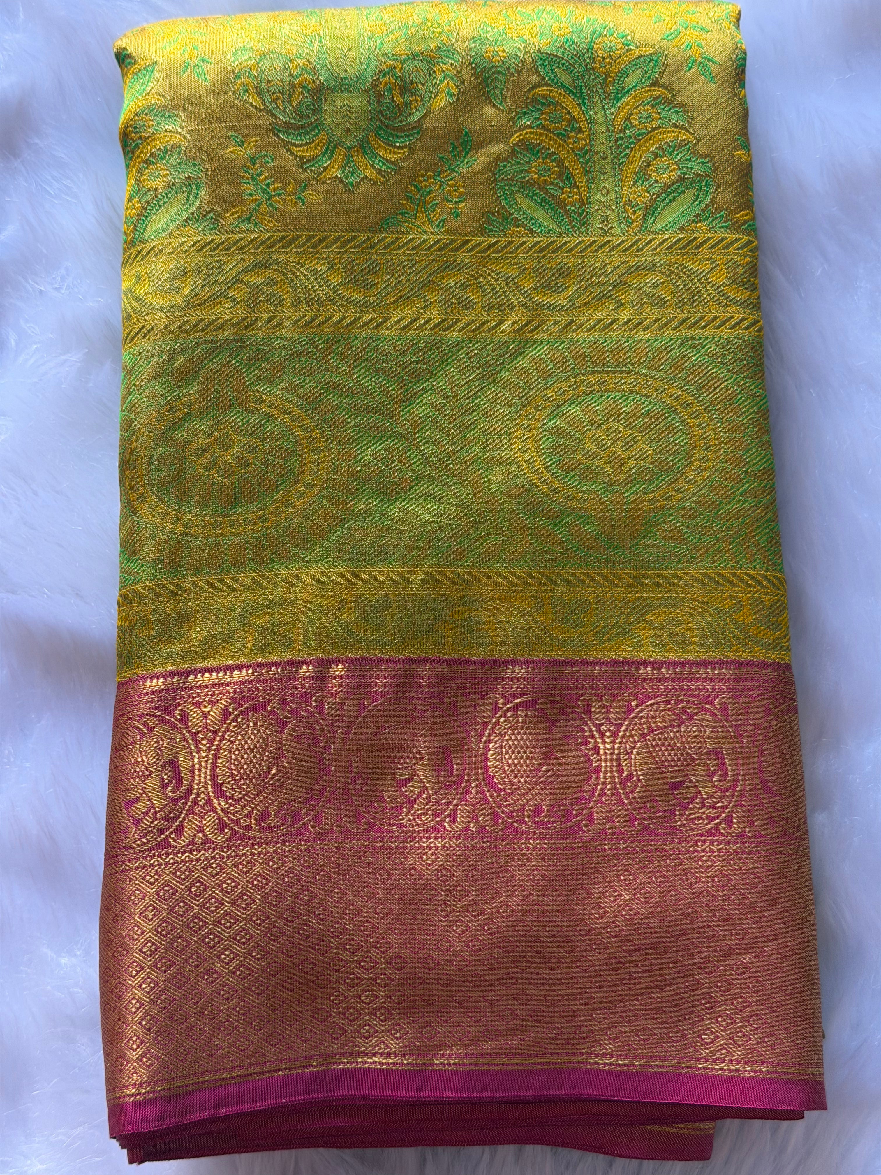 Kanchipuram pure silk bridal saree draped view - opulent grand pallu with real zari