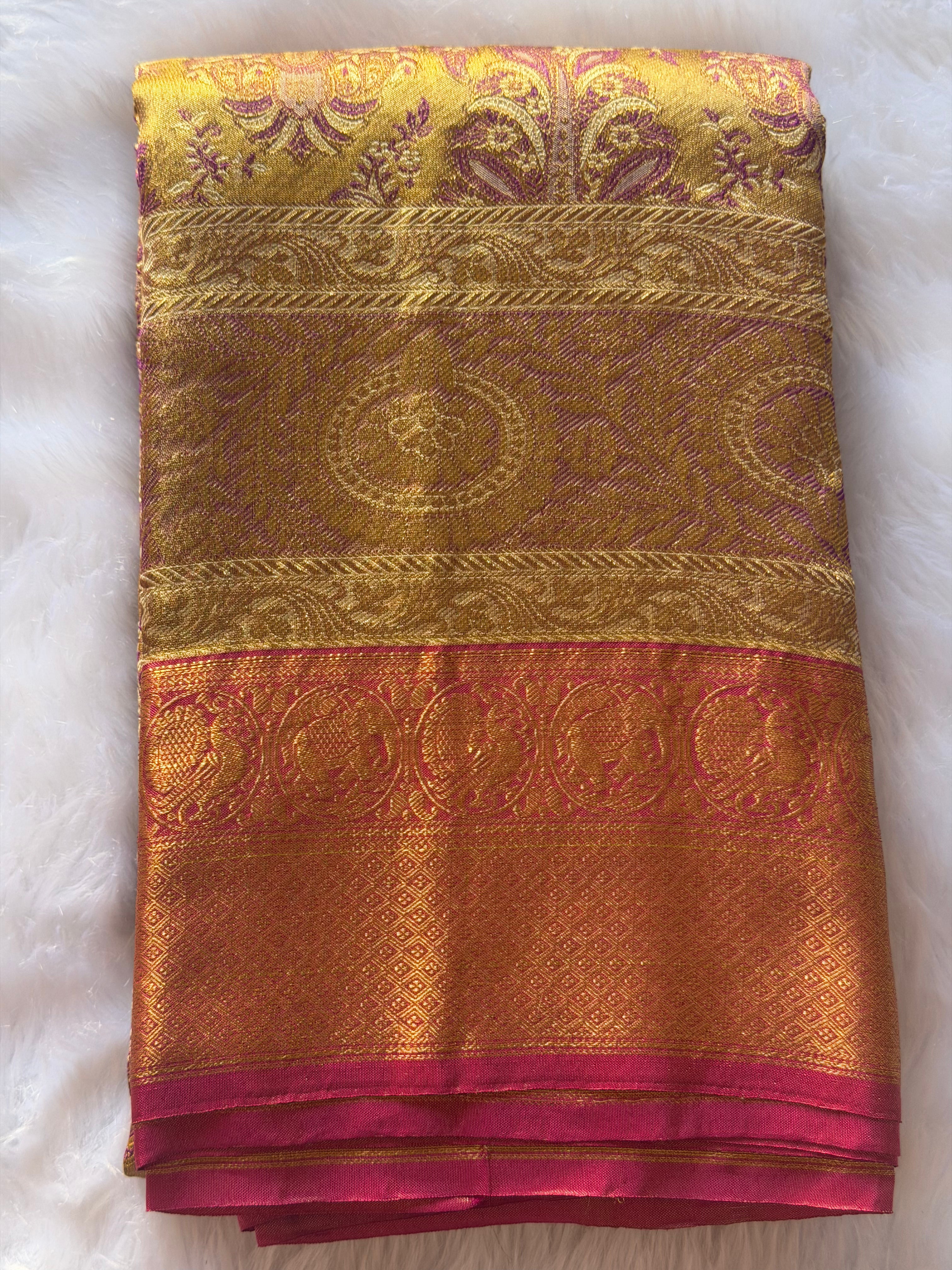 Kanchipuram pure silk saree draped view - deep luminous sheen of genuine mulberry silk