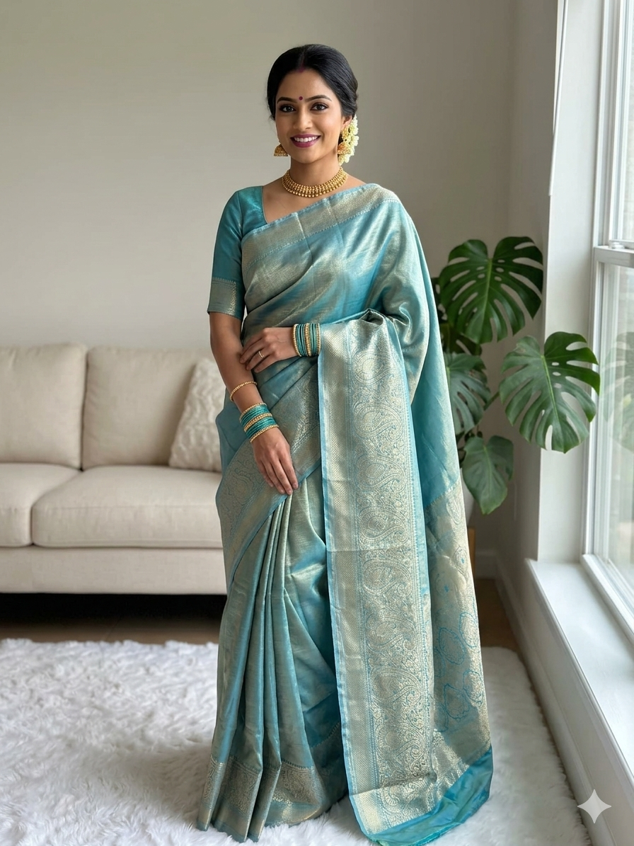 Kanchipuram tissue silk saree with fine weave natural shimmer and traditional zari border - KPTIS001 - NN Silk Sarees