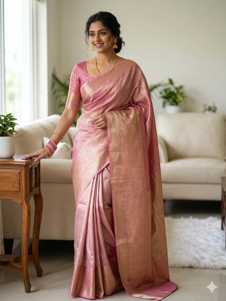 Kanchipuram tissue silk saree with rich golden shimmer and traditional zari border - KPTIS002 - NN Silk Sarees