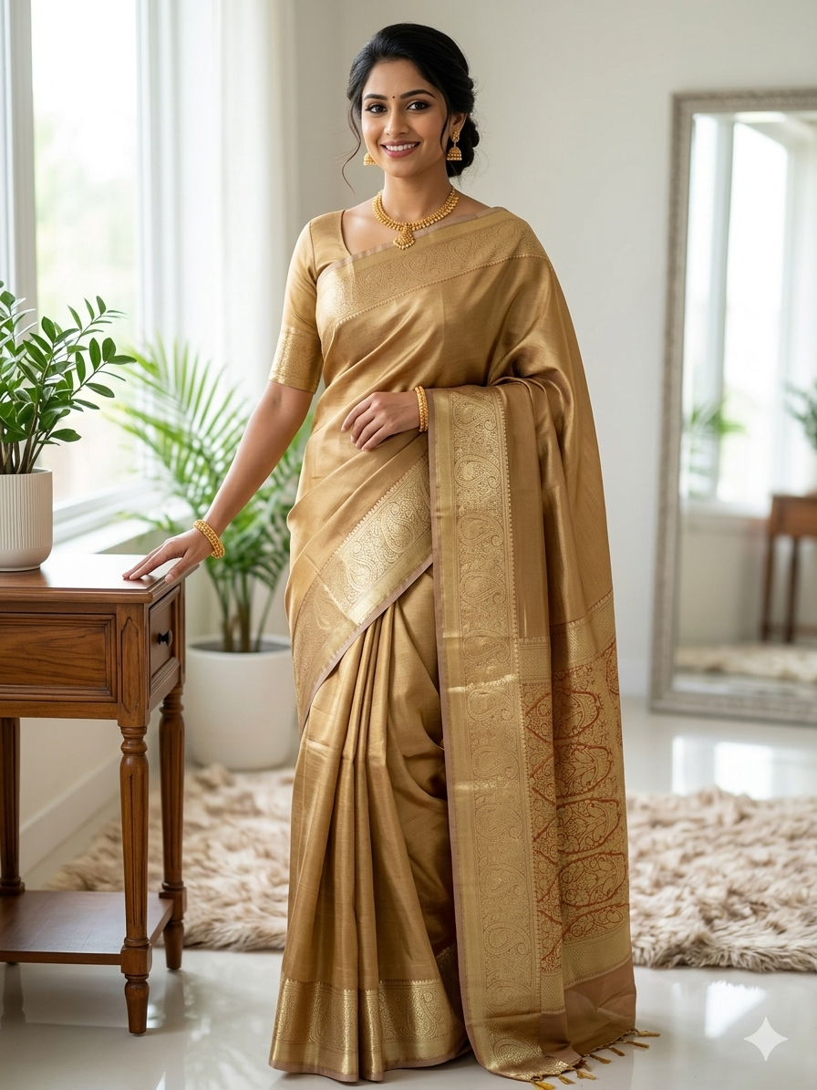Kanchipuram tissue silk saree with golden shimmer luminous tissue weave and zari work - KPTIS003 - NN Silk Sarees