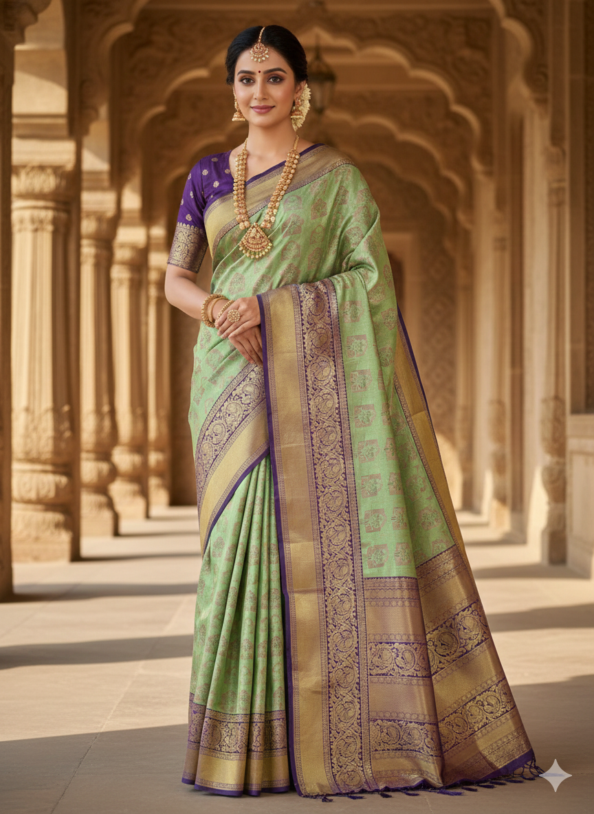 Kanjivaram Pattu Saree with  Pastel Green & Navy Purple