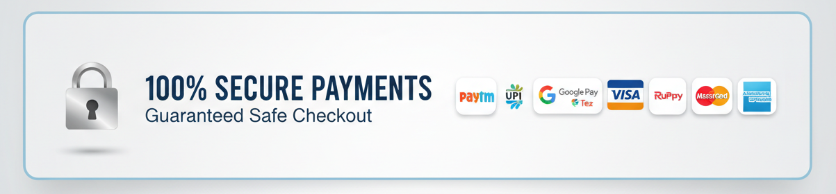 generate guaranteed safe checkout icons to add below product page of shopify below add to cart button as per indian website and payment gateways. it should be rectangle