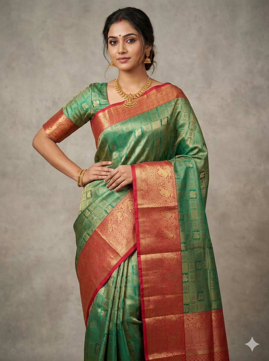 Emerald green Kanchipuram polyester silk saree with gold zari kattam check pattern and crimson red border - NN Silk Sarees