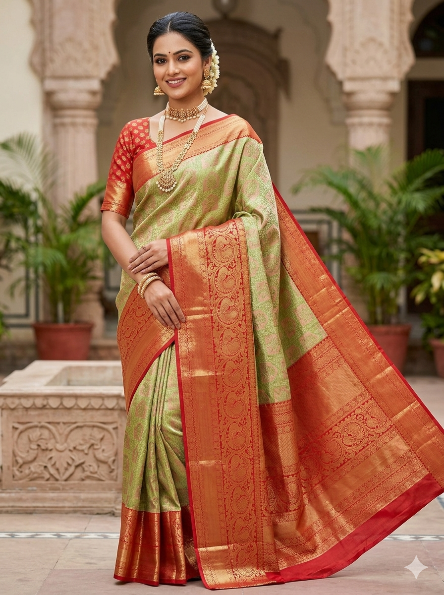 Sage green Kanchipuram polyester silk saree with red and gold zari elephant temple motif border - NN Silk Sarees