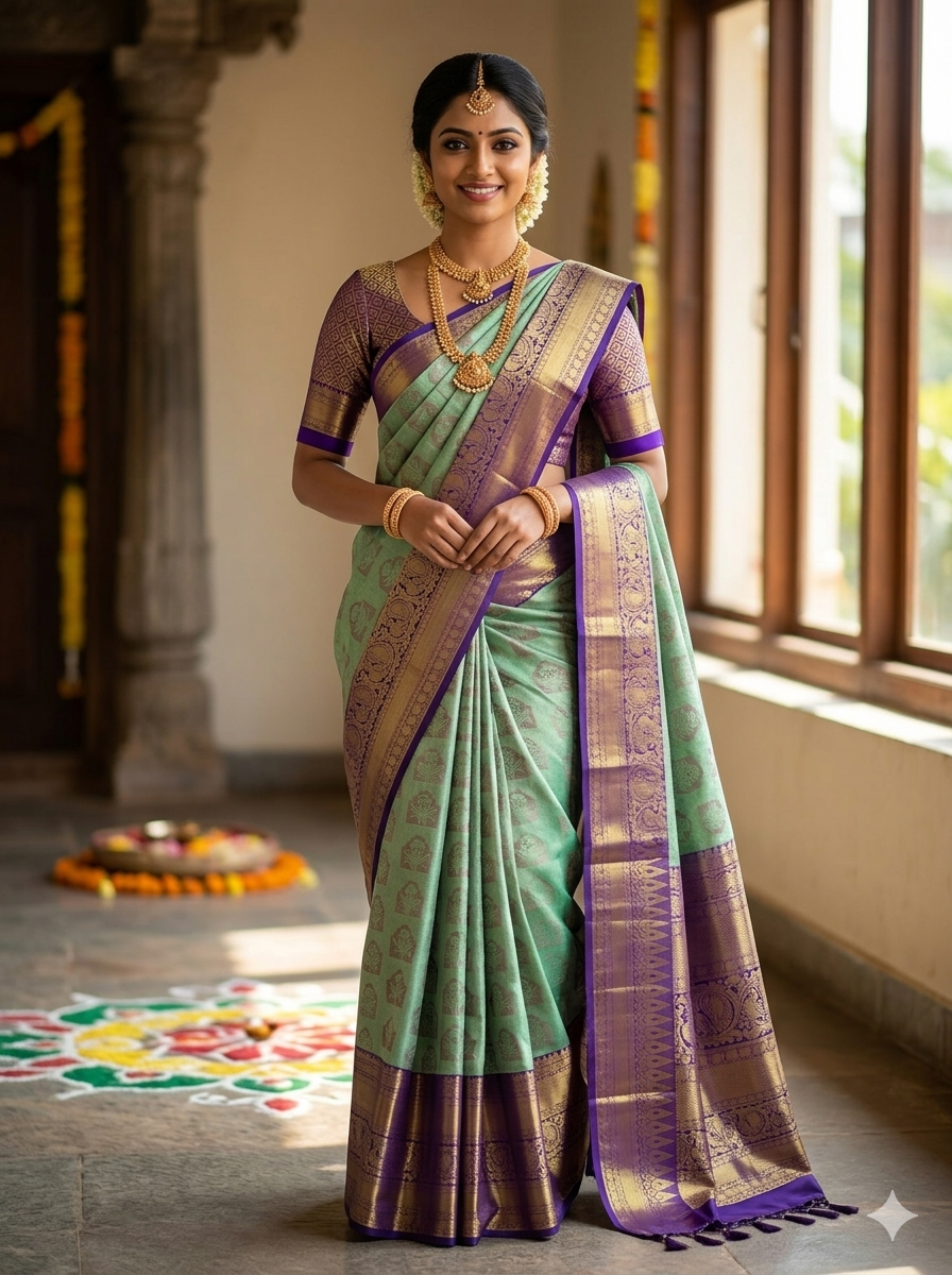 Sea green Kanchipuram polyester silk saree with gold zari peacock and floral motifs on purple border - NN Silk Sarees