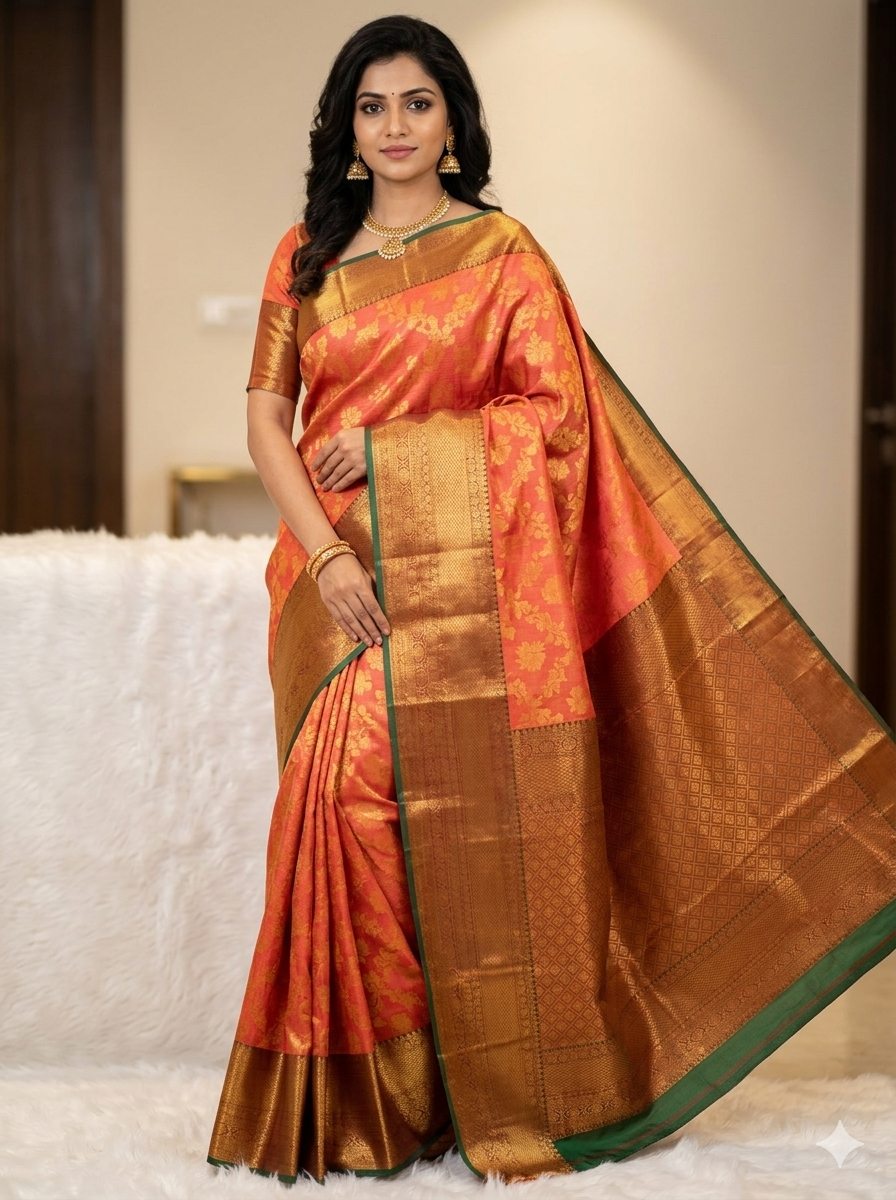 Soft peach Kanchipuram polyester silk saree with gold floral zari motifs and traditional geometric border - NN Silk Sarees