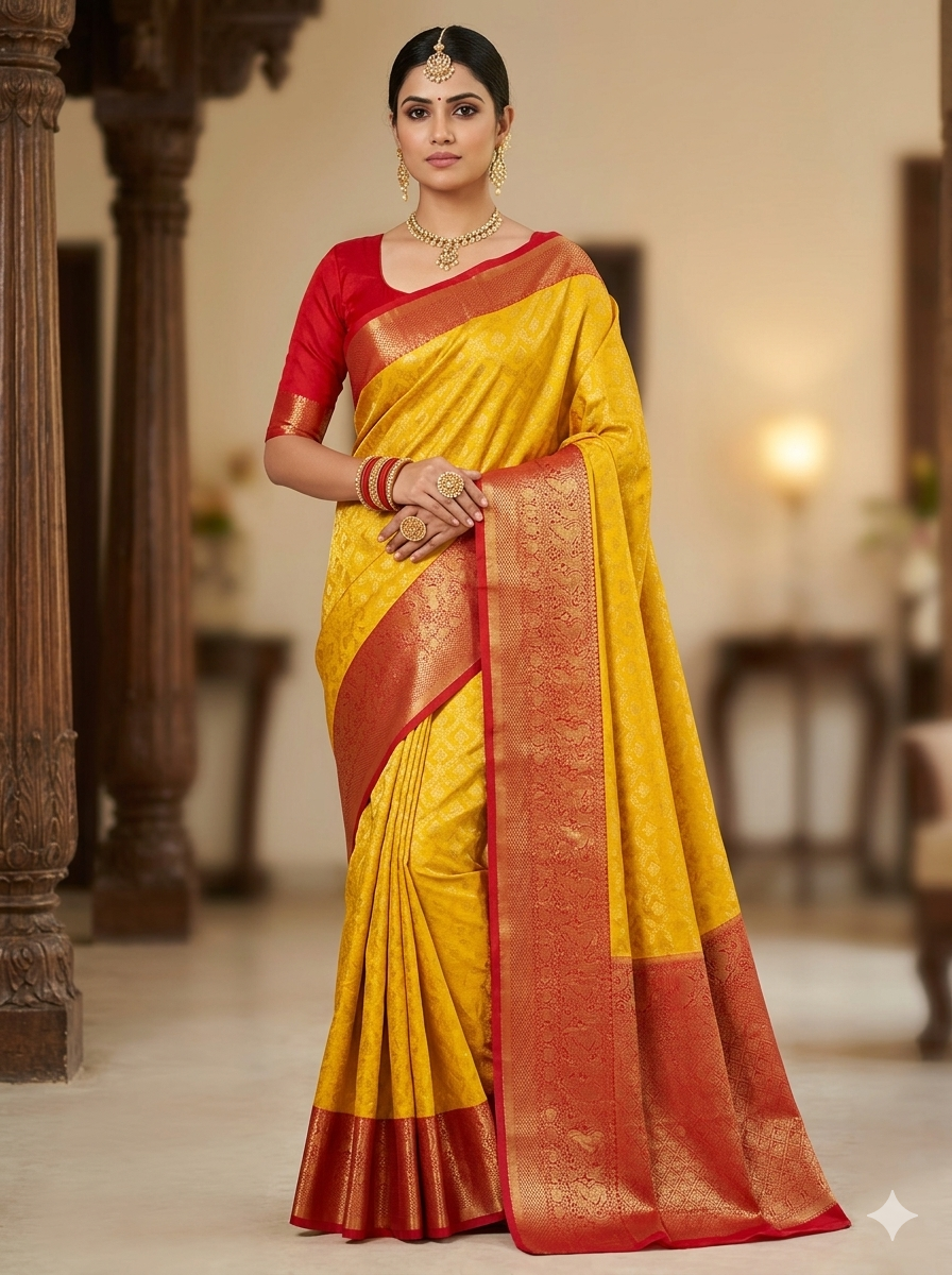 Mustard yellow Kanchipuram polyester silk saree with self-jacquard leaf motifs and rich red zari border - NN Silk Sarees