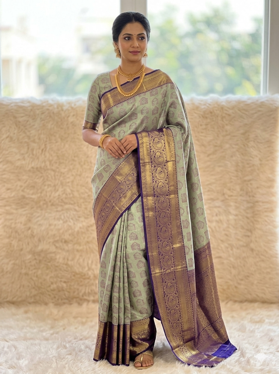 Sage green and purple Kanchipuram polyester silk saree with gold zari peacock motifs on wide border - NN Silk Sarees