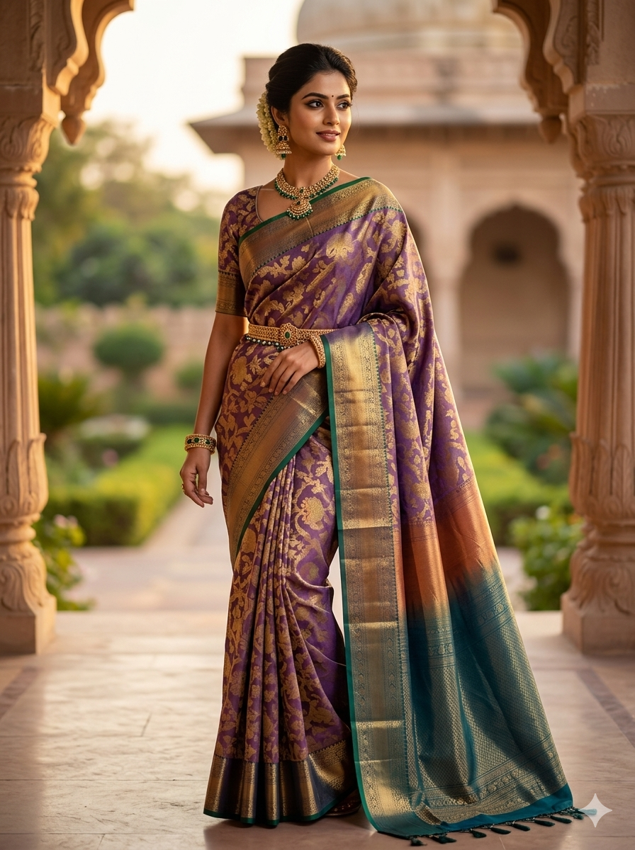 Soft lavender Kanchipuram polyester silk saree with gold zari floral motifs and emerald green border - NN Silk Sarees