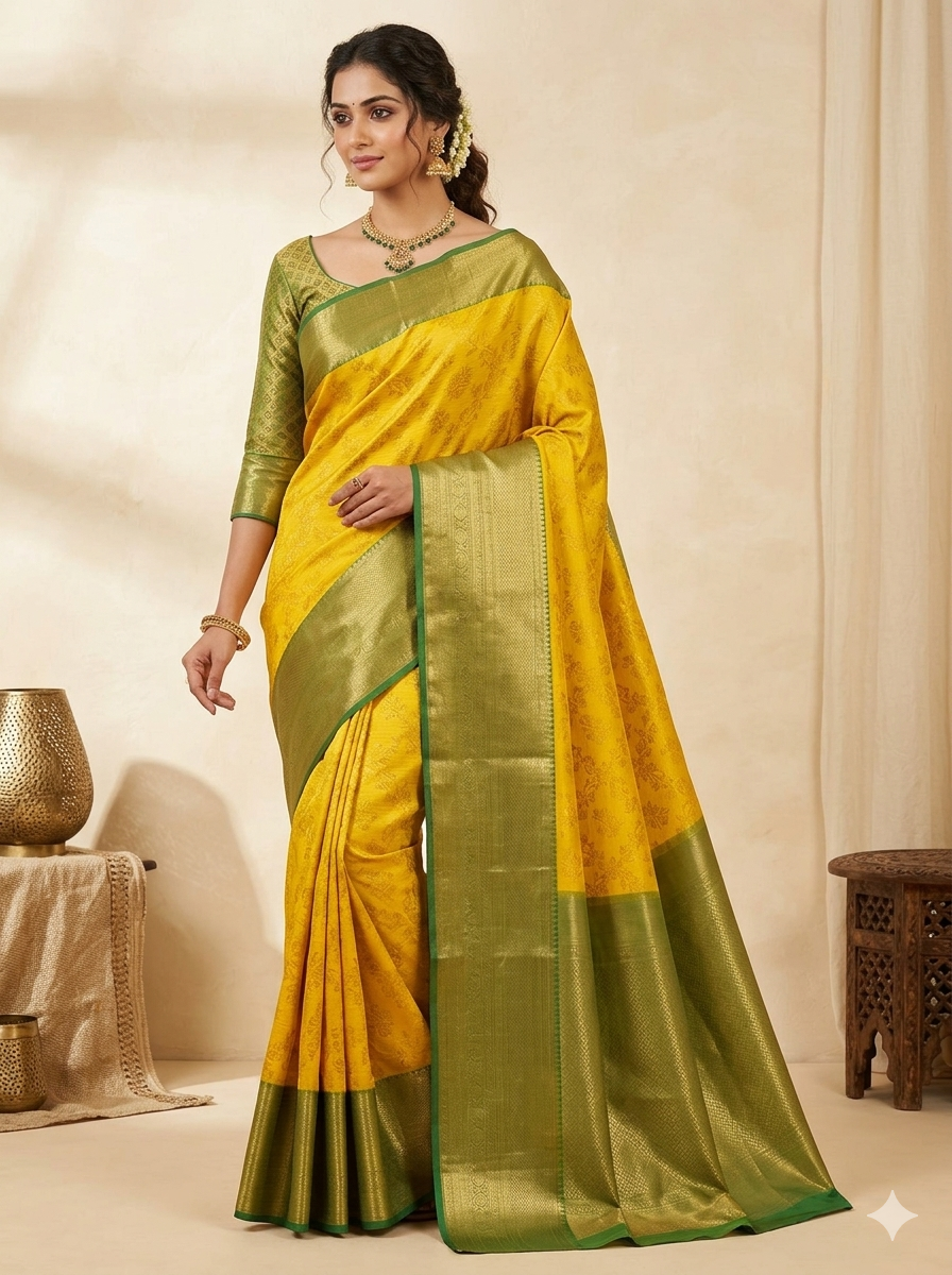 Mustard yellow Kanchipuram polyester silk saree with all-over floral jaal pattern and sage green zari border - NN Silk Sarees