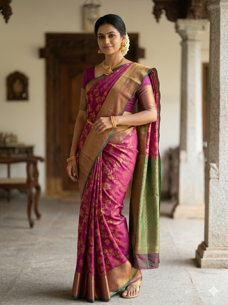 Vibrant magenta Kanchipuram polyester silk saree with gold zari floral buttas and wide emerald green border - NN Silk Sarees