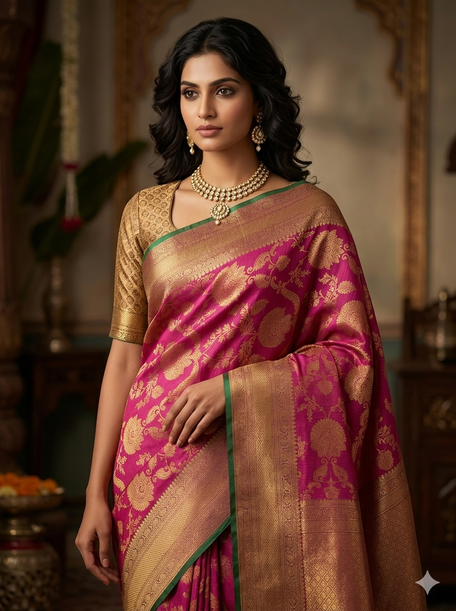 Royal magenta Kanchipuram polyester silk saree with gold zari floral medallion motifs and forest green border - NN Silk Sarees