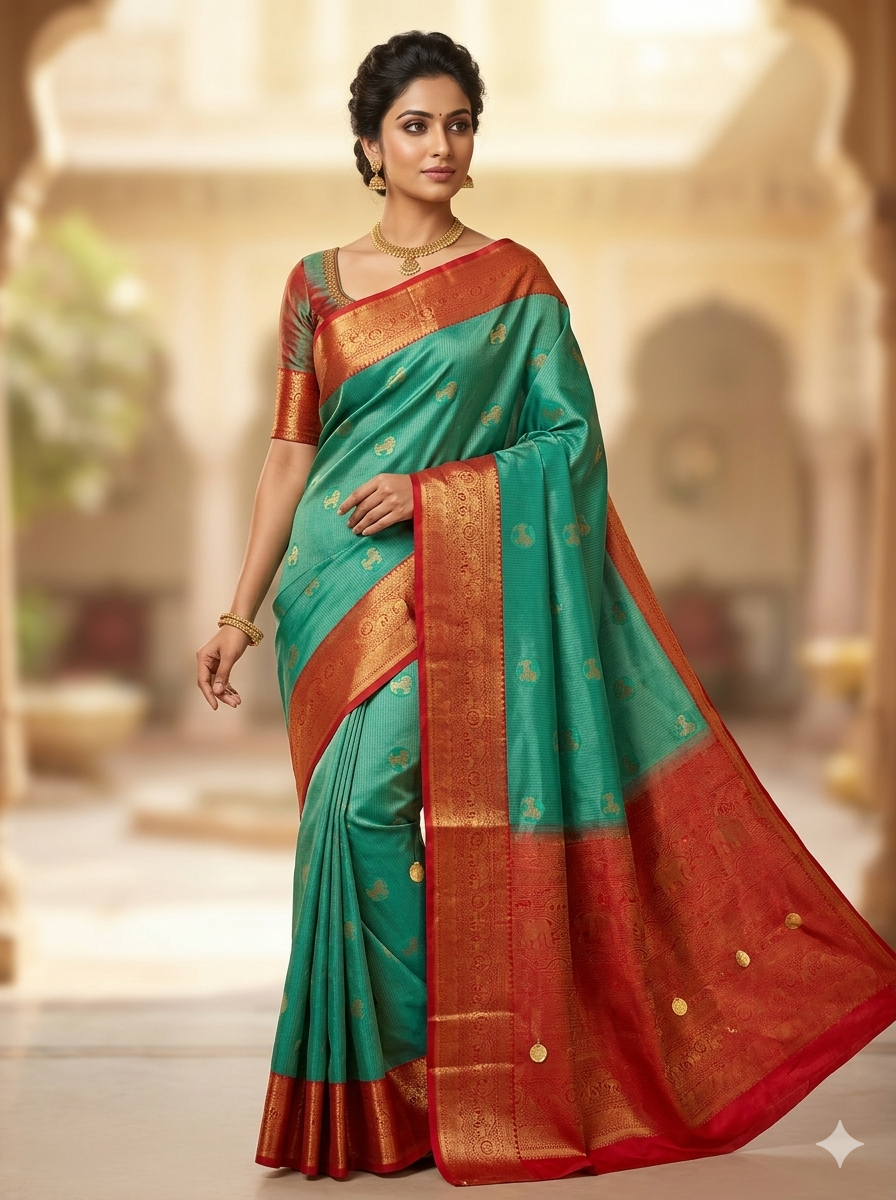 Seafoam green Kanchipuram polyester silk saree with circular gold motifs and deep red elephant border - NN Silk Sarees