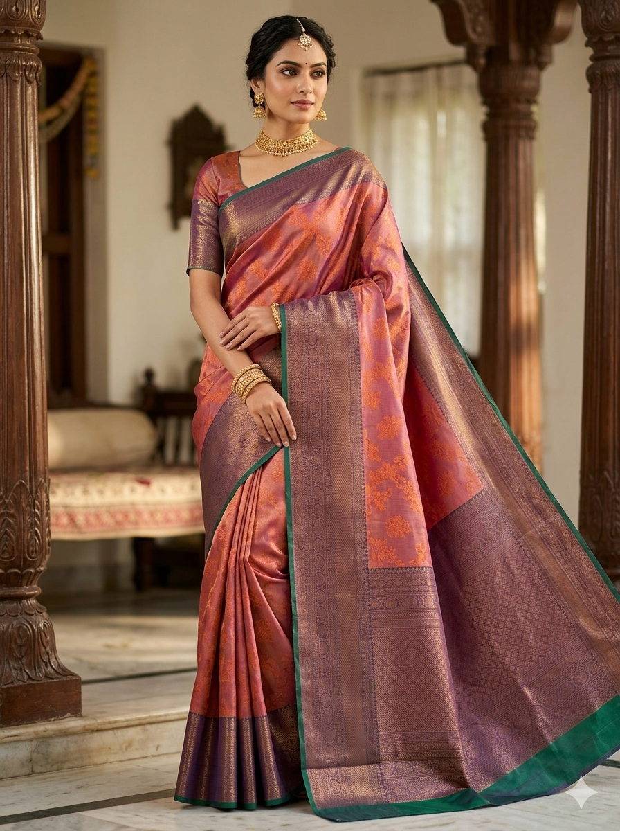 Russet orange Kanchipuram polyester silk saree with floral jacquard motifs and deep purple contrast border - NN Silk Sarees