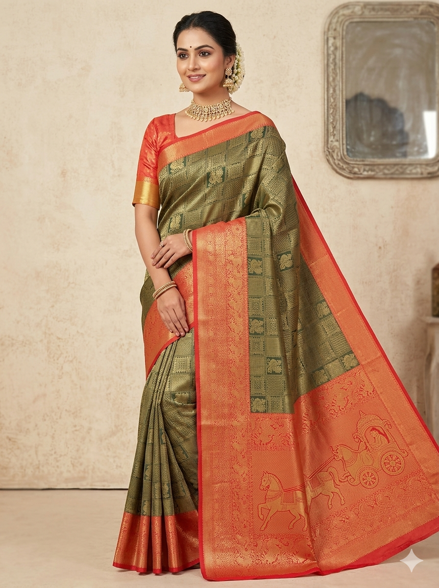 Charcoal black Kanchipuram polyester silk saree with geometric gold peacock grid pattern and crimson zari border - NN Silk Sarees