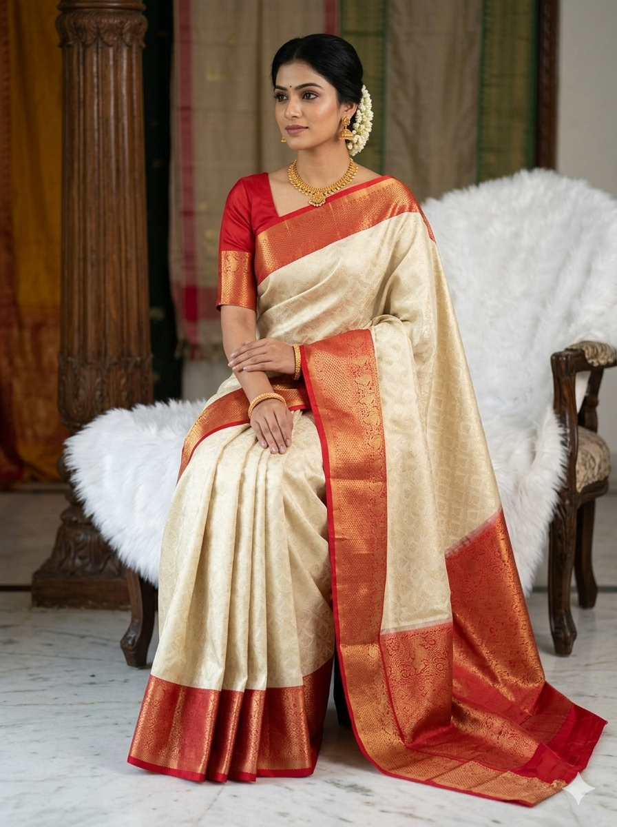 Off-white Kanchipuram polyester silk saree with vibrant red traditional zari border - NN Silk Sarees