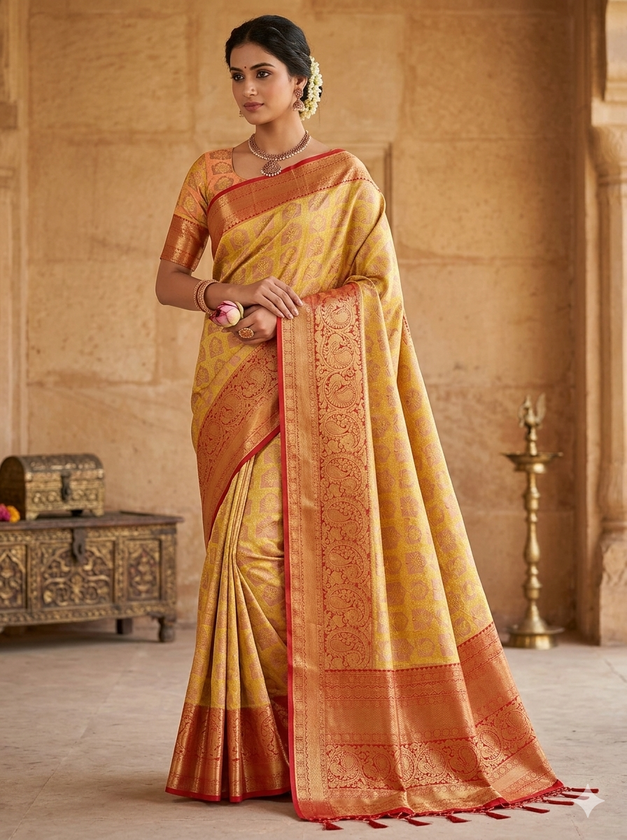 Mustard yellow Kanchipuram polyester silk saree with red and gold floral butta zari border - NN Silk Sarees